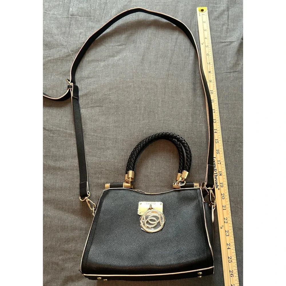 Bebe Black Saffiano Crossbody Satchel Bag Braided Handle Gold Logo Medallion